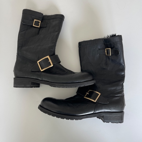 Jimmy Choo Biker Buckled Fur Black Boots - Picture 2 of 6